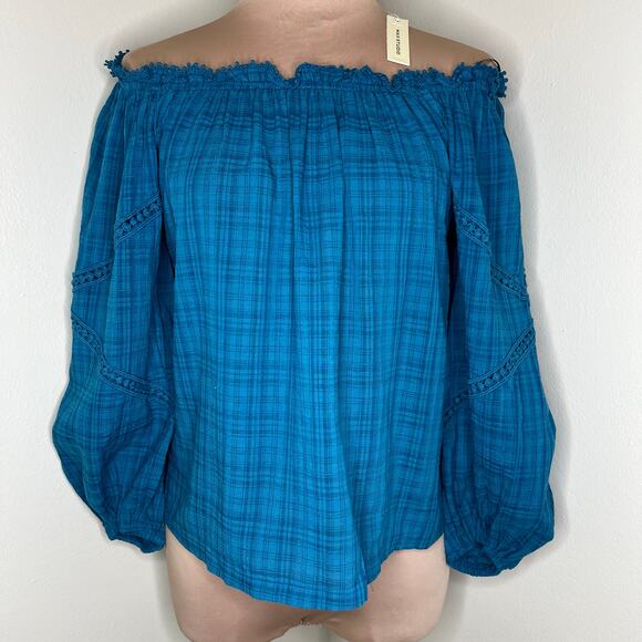 Max Studio Off The Shoulder Top XS Womens Blue Balloon Sleeve Plaid Ruffle New - Picture 1 of 9